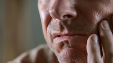 Close-up of a man suffering from pain in the throat.の素材
