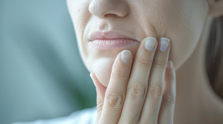 Close-up of beautiful young woman applying cream on her lips.の素材
