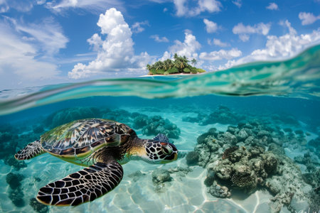 Hawaiian Green Sea Turtle (Chelonia mydas) swimming underwater, Maldivesの素材