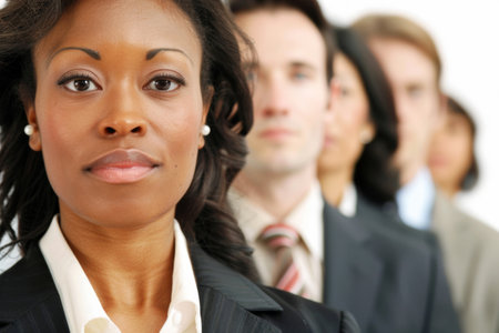 Group of business people standing in a row, focus on the womanの素材