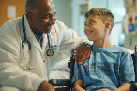 Doctor examining little boy in wheelchair at hospital. Doctor examining patient in wheelchair. Medicine and healthcare concept.の素材