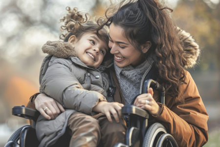 Portrait of a happy mother and daughter in a wheelchair in the parkの素材