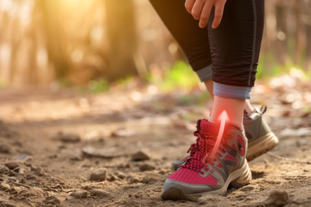 Running woman with knee pain in the forest. Health care and medical concept.の素材