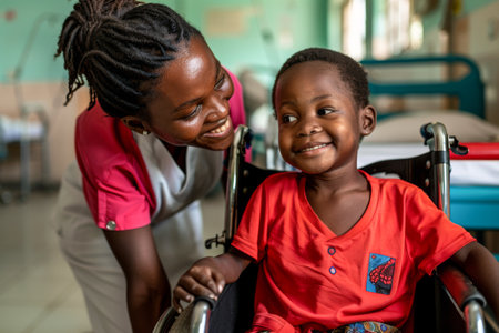 Portrait of african american nurse pushing a patient in wheelchairの素材