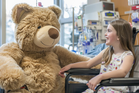 Little girl in a wheelchair with teddy bear in the hospital wardの素材