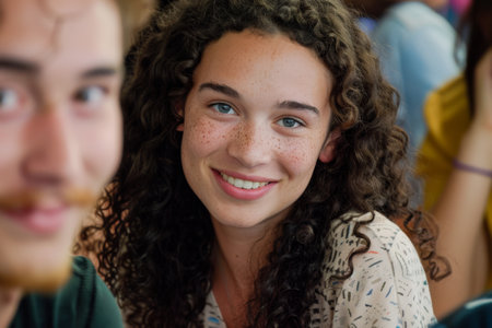 Portrait of smiling young woman with friends in the background at a music festivalの素材
