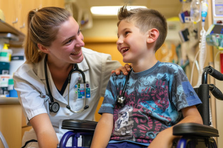 Female doctor talking with a little boy in a wheelchair in the hospitalの素材