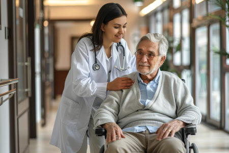 Young female doctor taking care of senior man in wheelchair at hospital.の素材