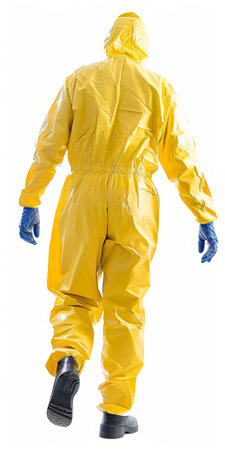 Man in a yellow chemical protective suit. Isolated on white background.の素材