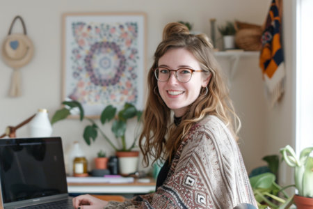 Portrait of smiling young woman in eyeglasses using laptop computer at homeの素材