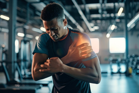 young african american man suffering from shoulder pain at sport gymの素材