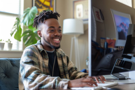 Portrait of smiling african american man using computer at homeの素材