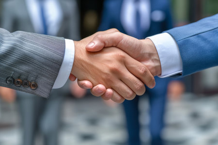 Closeup of business people shaking hands in office. Handshake conceptの素材