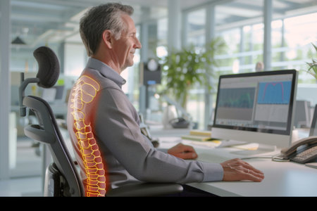 Senior man in wheelchair working on computer at desk in office. Side view. Medical concept.の素材