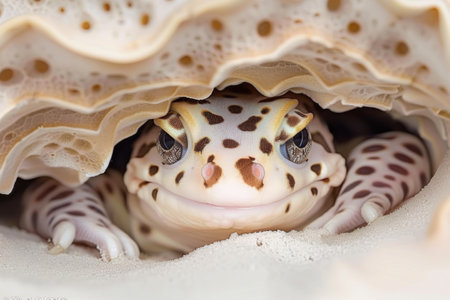 Close-up of a cute leopard gecko in a shellの素材