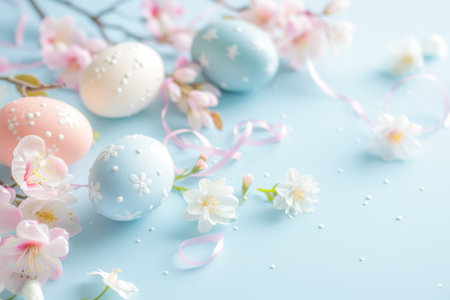 Easter eggs and spring flowers on blue background. Happy Easter concept.の素材