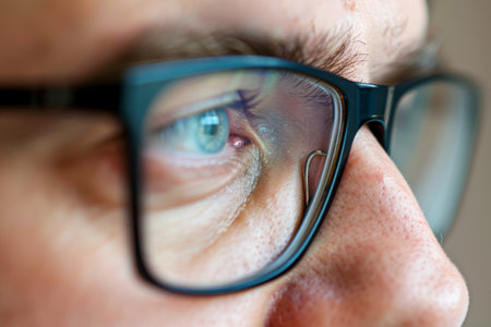 Close-up of a man's eye with glasses. Selective focus.の素材