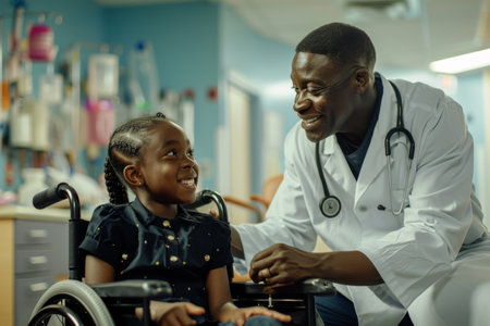 African american male doctor in white coat and stethoscope examining little girl patient in wheelchair at hospital. Medicine and healthcare concept.の素材