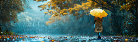 Rainy day in the autumn forest. A girl with an umbrella walks through the rain.の素材
