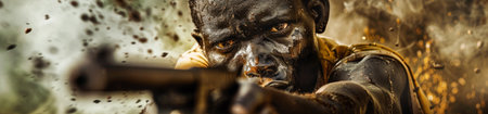 Close-up portrait of a dangerous zombie with a gun in his handsの素材