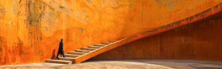 Rear view of a woman walking up the stairs to the orange wallの素材