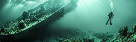 Underwater panorama of a sunken ship in the sea.の素材