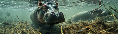 Hippo swimming in the water. Panoramic view.の素材