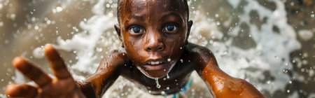 Panoramic shot of African American little boy playing in waterの素材
