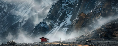 Himalayan landscape with red pavilion and snowcapped mountainsの素材