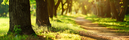 Pathway in the green park on a sunny day. panoramaの素材