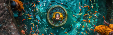 Panoramic view of a buddhist monk bathing in a pond with gold fishesの素材