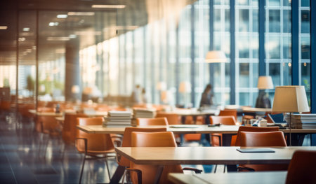 Empty tables and chairs in a modern cafe, shallow depth of fieldの素材