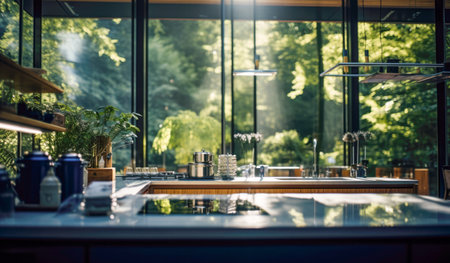 Interior of a modern kitchen with glass walls and a large windowの素材