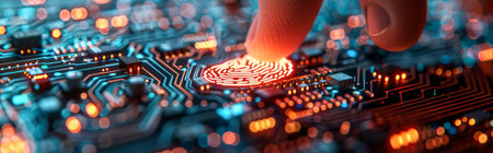 Fingerprint scan on electronic circuit board. Fingerprint technology concept.の素材
