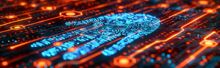 Cybersecurity. Fingerprint made of electronic circuit. 3d illustrationsの素材