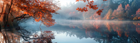 Panoramic view of misty autumn forest lake. Autumn landscape.の素材
