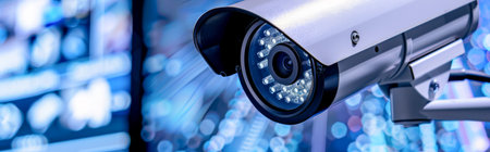 CCTV security camera on blue bokeh background. 3d renderingの素材