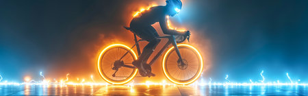 Cyclist rides on a bicycle on the road at night. 3d renderingの素材