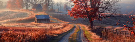 Country road in the morning fog. Panoramic view of rural landscape.の素材