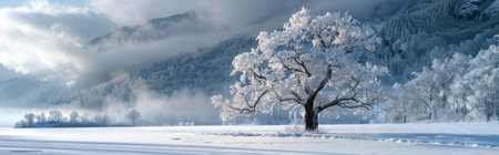 Beautiful winter landscape with frozen lake and trees covered with hoarfrostの素材