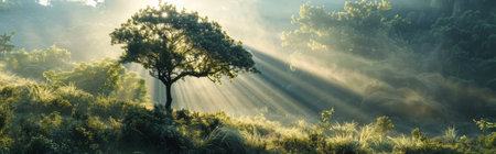 Panoramic view of a tree in the morning sun rays.の素材