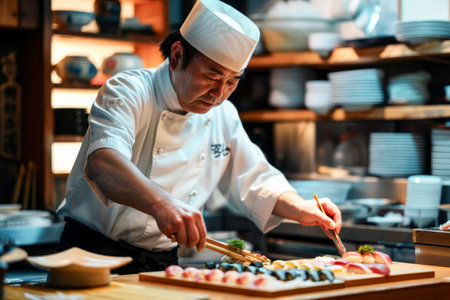 Chef preparing sushi in a restaurant kitchen. Chef in a restaurant kitchenの素材