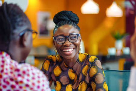Portrait of a smiling African woman sitting in a cafe.の素材