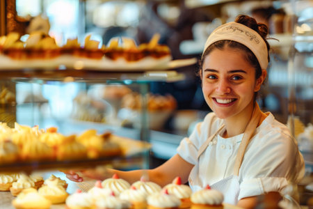 Portrait of young female pastry chef in a confectionery shopの素材