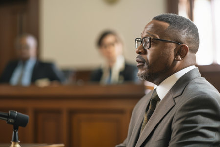 Close up of African-American man with glasses sitting at the table in front of judgeの素材