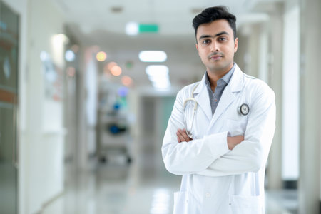 Indian male doctor with stethoscope standing in corridor of hospitalの素材