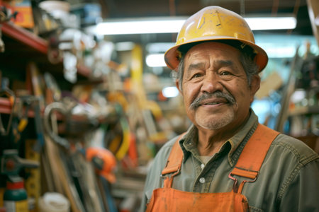 Senior man working in the factory. old man wearing a hard hat.の素材