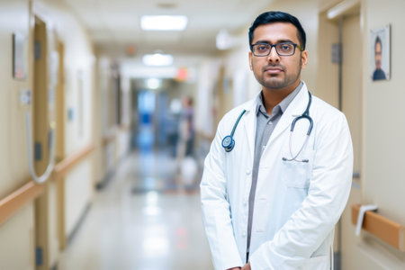 Portrait of young Indian male doctor standing in corridor of hospitalの素材