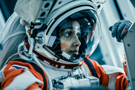 Astronaut in helmet and glasses on the background of the spaceshipの素材