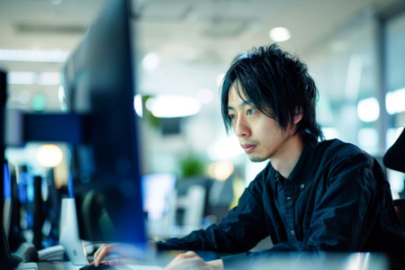 Young asian man working on desktop computer while sitting at office deskの素材